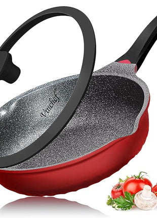 Vinchef Nonstick Skillet with Lid, 11In/5Qt Aluminum Deep Frying Pan with Lid and Heat Indicator, Anti Scratch and Anti Stain Deep Saute Pan, Induction Compatible