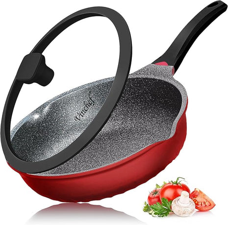Vinchef Nonstick Skillet with Lid, 11In/5Qt Aluminum Deep Frying Pan with Lid and Heat Indicator, Anti Scratch and Anti Stain Deep Saute Pan, Induction Compatible