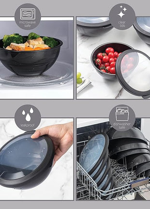 COOK WITH COLOR Mixing Bowls with TPR Lids - 12 Piece Plastic Nesting Bowls Set includes 6 Prep Bowls and 6 Lids, Microwave Safe (Speckled Black)