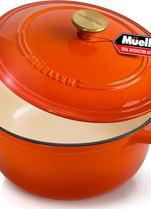 MUELLER HOME 6 Quart Enameled Cast Iron Dutch Oven for Bread Baking, Heavy-Duty Oven-Safe up to 500° F, & Across All Cooktops, House Warming Gifts New Home, Cast Iron Cookware, Gifts for Women, Orange