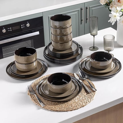 LeRatio Ceramic Dinnerware Sets for 4,12-Piece Plates and Bowls,Handmade Reactive Glaze Dishes Set, Scratch Resistant | Oven&Dishwasher & Microwave Safe,Service for 4（12pcs),Modern-Chestnut