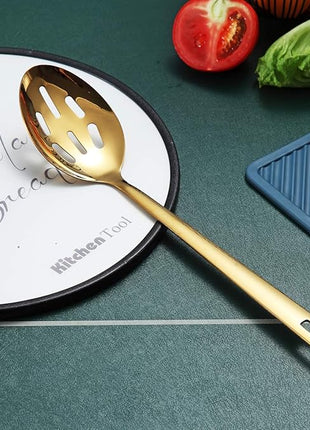 Berglander Gold Cooking Spoon, Stainless Steel Slotted Serving Spoon Titanium Gold Plating, Kitchen Basting Spoon For Cooking, Dishwasher Safe, Easy to Clean