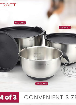 AVACRAFT 18/10 Stainless Steel Mixing Bowls with Lids, non slip silicone base bowls with Handle, Mixing Bowl Set with Pour Spouts & Measurement Marks, Home Essentials Cooking Bowls, (Black)