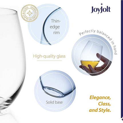 JoyJolt Stemless Wine Glasses Set of 4 – 19 oz Clear Glass Tumblers for Red & White Wine, Cocktails, Dishwasher Safe, Perfect for Home Bar, Gifts