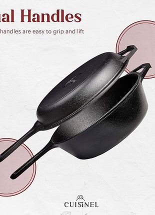 Cuisinel Cast Iron Skillet + Lid - 2-In-1 Multi Cooker - Deep Pot + Frying Pan - 3-Qt Dutch Oven - Pre-Seasoned Oven Cookware - Works for Bread, Indoor/Outdoor, Grill, Stovetop and Induction