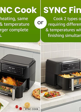 Elite Gourmet EAF1055D Dual Zone Air Fryer Oven, 11QT. Capacity with Divider, Sync Finish, Dishwasher Safe Basket, 10 Preset Functions, 1600-Watts, with Recipe Booklet, Black