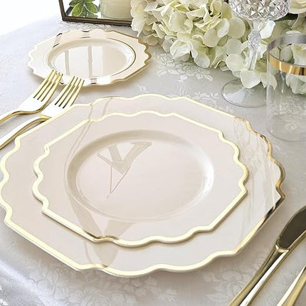" OCCASIONS " 120 Plates Pack,(60 Guests) Heavyweight Wedding Party Disposable Plastic Plates Set -60 x 10.5'' Dinner + 60 x 8'' Salad/Dessert Plate (Imperial Ivory & Gold)