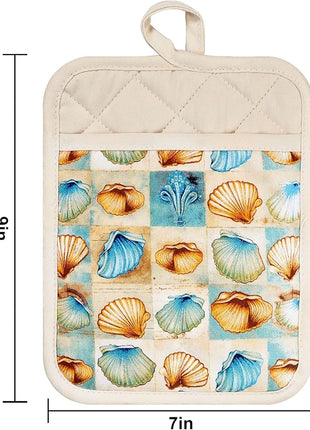 Pot Holders Set of 2 Heat Resistant 480 ℉Non Slip Clear Silicone Printed Comfortable Cotton Lining Kitchen Women Men Cooking Baking Microwave Machine Washable (Shell, Beige potholders)