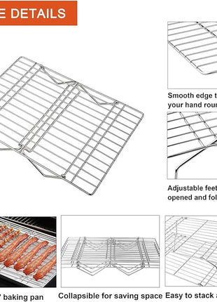P&P CHEF Cooling Rack, 5-Tier Stainless Steel Stackable Baking Cooking Racks for Cooling Roasting Grilling, Collapsible & Heavy Duty, Oven Safe & Easy Clean, 15" x 10", Silver