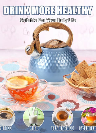 Stainless Steel Tea Kettle Blue, Teapot 3.2 Quart Whistling Tea Kettle, Tea Pots for Stove Top with Wood Pattern Handle, Gas Electric Applicable