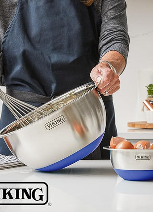 Viking Mixing Bowls Set, 10 Piece Stainless Steel Kitchen Cookware, Non-Slip Silicone Base, Includes Tight Fit Lids, Dishwasher Safe, Blue