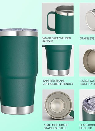 20 oz Stainless Steel Tumbler with Handle Bulk Metal Insulated Tumblers Travel Coffee Mug with Handle Double Wall Tumbler Cup with Lid and Straw, New Dark Green 12 Pack