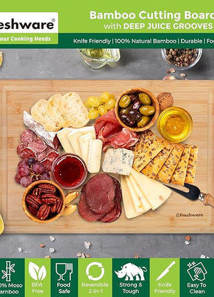 Freshware 20 Inch 2XL Bamboo Cutting Boards for Kitchen, Stove Top Butcher Block, Extra Large Wooden Carving Board for Meat, Veggies, Charcuterie Board with Deep Juice Grooves (2XL, 20x14")