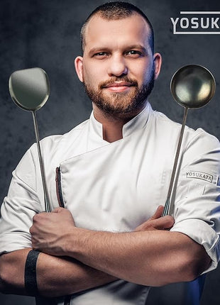 YOSUKATA Pre-Seasoned Wok Utensils Set - Blue Carbon Steel 17-inch Wok Spatula, Wok Ladle, 3 pairs Chopsticks - Durable Asian Cooking Tools