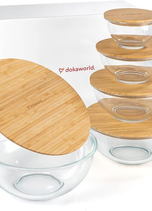 Stackable Space-Saving Set of 5 Nesting Glass Bowls with Bamboo Lids for Foodprep, Storage, Baking, Mixing & Cooking, Microwave & Oven Safe BPA Free Heat Resistant Inert Borosilicate Glass