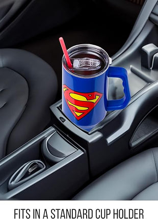 Silver Buffalo DC Comics Superman Logo Stainless Steel Tumbler with Handle and Straw, Fits in Standard Cup Holder, 40 Ounces