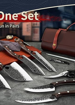 Serbian Chef Knife Set, Hand Forged Knife Set with Bag, Full Tang Kitchen Knife Sets with High Carbon Steel, Meat Cleaver Butcher Boning Knife for Brisket Trimming, Gift for Men Women