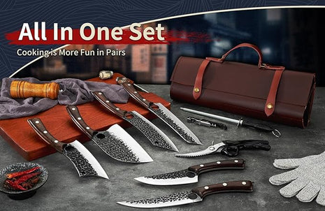 Serbian Chef Knife Set, Hand Forged Knife Set with Bag, Full Tang Kitchen Knife Sets with High Carbon Steel, Meat Cleaver Butcher Boning Knife for Brisket Trimming, Gift for Men Women