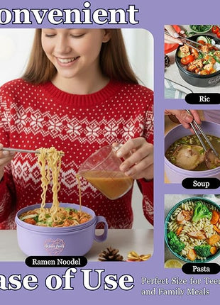 AI LOVE PEACE Ramen Bowl, 40 oz Microwaveable Noodle Cooker for Ramen, Pho, Soup, and Pasta, Dishwasher Safe and Portable, Ideal for Home, Office, Dorm, or Gift (Purple)