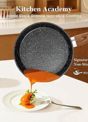 Kitchen Academy Induction Cookware Set-17 Piece Non-stick Cooking Pan Set, Black Granite Pots and Pans Set