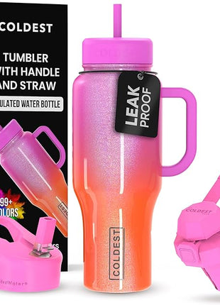 Coldest Tumbler with Handle and Straw - 100% Spill Proof Tumbler with Straw (3 Lids) - Stainless Steel Insulated Leakproof Tumblers for Women & Men - 36 oz (Neutron Star Glitter)