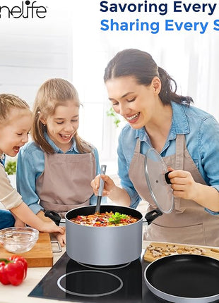 SereneLife Kitchenware Pots & Pans Basic Kitchen Cookware, Black Non-Stick Coating Inside, Heat Resistang Lacquer (11 Piece set), One Size, Gray