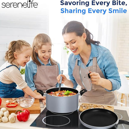 SereneLife Kitchenware Pots & Pans Basic Kitchen Cookware, Black Non-Stick Coating Inside, Heat Resistang Lacquer (11 Piece set), One Size, Gray