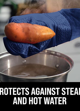 BPA-Free Soft Silicone Oven Mitts - Ultra Heat Resistant Oven Mitts with Thick Cotton Liner - Extra Long Slip Resistant Pot Holders, Flexible Oven Gloves - Navy 14.7"