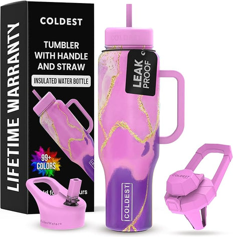 Coldest Tumbler with Handle and Straw - 100% Leak Proof Insulated Tumbler with Lid and Straw (3 Lids) - Stainless Steel Tumblers for Women & Men - Cup Holder Friendly Base, 46 oz (Princess Luna)