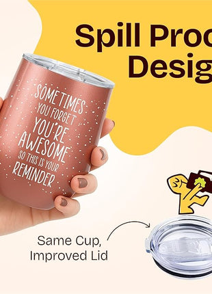 KLUBI Birthday Gifts for Women - Sometimes You Forget You're Awesome 12oz Funny Wine Tumbler With Lid and Straw Self Care Gift for Women Farewell Gifts for Coworkers College Care Package for Girls