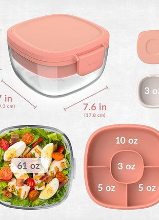 Bentgo Glass All-in-One Salad Container - Large 61-oz Salad Bowl with Lid, 4-Compartment Bento-Style Tray, 3-oz Sauce Container, and Reusable Fork - Dishwasher, Microwave, and Oven Safe (Coral)