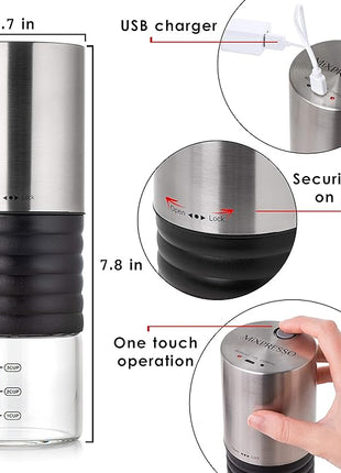 Mixpresso Electric Coffee Grinder With Usb And With Easy On/Off Button, Coffee Bean Grinder & Spice Grinder For Herbs, Nuts & Grains, Spice Mill.