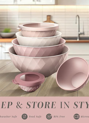 COOK WITH COLOR Mixing Bowls with Lids - 12 Piece Plastic Nesting Bowls Set includes 6 Prep Bowls and 6 Lids, Diamond Design - Microwave Safe, Pink
