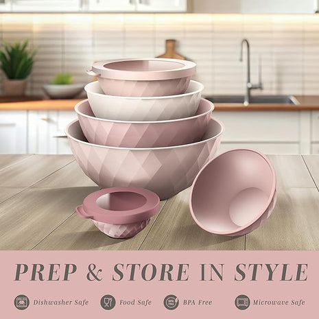 COOK WITH COLOR Mixing Bowls with Lids - 12 Piece Plastic Nesting Bowls Set includes 6 Prep Bowls and 6 Lids, Diamond Design - Microwave Safe, Pink