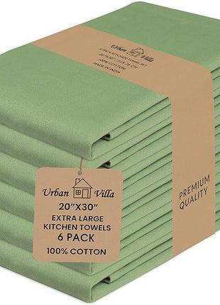 Urban Villa Kitchen Towels 100%Cotton Green Color Dish Towels for Kitchen with Hanging Loop Size 20x30 inches(Set of 6) Highly Absorbent Quick Drying Soft Premium Quality Dish Towels&Dish Cloths Sets
