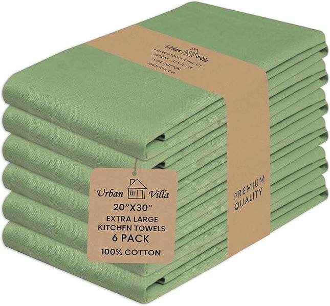 Urban Villa Kitchen Towels 100%Cotton Green Color Dish Towels for Kitchen with Hanging Loop Size 20x30 inches(Set of 6) Highly Absorbent Quick Drying Soft Premium Quality Dish Towels&Dish Cloths Sets