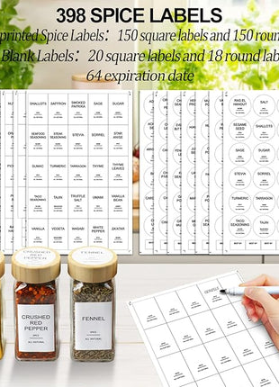 AISIPRIN Glass Spice Jars with 398 Labels, 24 pcs 4oz Spice Containers with Bamboo Lids, Square Spice Bottles With Shaker Lids,Spice Organization for Cabinet,Drawer,Rack,Seasoning Organizer