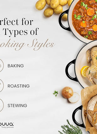 Nuovva Enamelled Cast Iron Dutch Oven Pot with Lid – 6.4 Quart Non Stick Casserole Pot – Heavy Duty & Oven Safe up to 500° F for Bread Baking, Braising, Stews, Roasting – 28cm Black