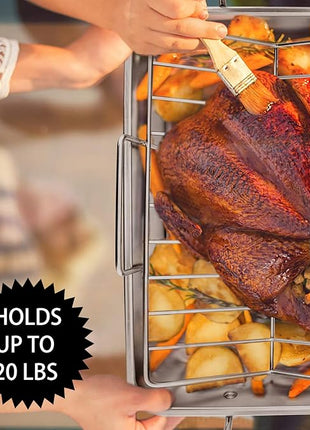 P&P CHEF 16" Roaster Roasting Pan with Baking Rack and V-shaped Rack, Stainless Steel Rectangular Lasagna Pan with Handles for Turkey Chicken, Healthy & Dishwasher Safe, 3 Pieces, Silver