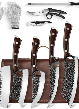 Serbian Chef Knife Set, Hand Forged Knife Set with Bag, Full Tang Kitchen Knife Sets with High Carbon Steel, Meat Cleaver Butcher Boning Knife for Brisket Trimming, Gift for Men Women