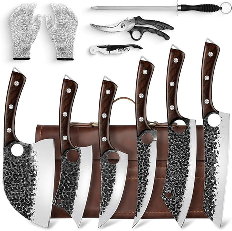 Serbian Chef Knife Set, Hand Forged Knife Set with Bag, Full Tang Kitchen Knife Sets with High Carbon Steel, Meat Cleaver Butcher Boning Knife for Brisket Trimming, Gift for Men Women