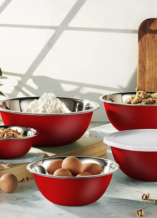 WHYSKO Stainless Steel Mixing Bowl Set, 10 Piece Stainless Steel Mixing Bowls with Lids Set for Food Prep Storage and Serving, Dishwasher Safe for Kitchen Baking Cooking, Red