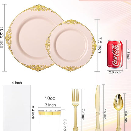 Nervure 350PCS Pink Plastic Plates - Pink Dinnerware Sets for 50 Guests - 100 Disposable Plates, 150 Gold Plastic Silverware, 50 Cups, 50 Napkins for Wedding & Party