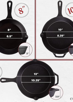 Cuisinel Cast Iron Skillets Set - 12" + 10" + 8"-Inch Pre-Seasoned Frying Pans + Silicone Handle Grip Covers - Use Indoor/Outdoor, Oven, Grill, Stove, BBQ, Camp Fire, Induction Kitchen Cookware