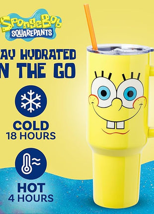 Silver Buffalo SpongeBob SquarePants Stainless Steel Tumbler with Handle, Fits in Standard Cup Holder, 40 Ounces