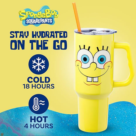 Silver Buffalo SpongeBob SquarePants Stainless Steel Tumbler with Handle, Fits in Standard Cup Holder, 40 Ounces