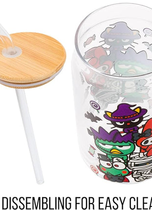 Silver Buffalo Sanrio Hello Kitty &Friends Halloween Spooky Badtz-Maru Frankenstein,Chococat Witch,My Melody Ghost,Keroppi Vampire,Mummy Glass Jar Tumbler w Bamboo Lid&Glass Straw,16oz(Pack of 12)