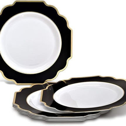 " OCCASIONS " 240 Plates Pack,(120 Guests) Heavyweight Wedding Party Disposable Plastic Plates Set -120 x 10.5'' Dinner + 120 x 8'' Salad / Dessert (Imperial in Black & Gold)
