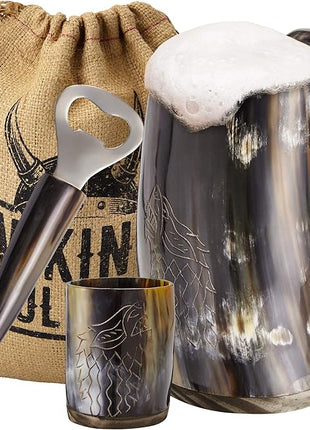 Viking Culture Ox Horn Mug, Shot Glass, and Bottle Opener (3 Pc Set) Authentic 16-oz. Ale, Mead, and Beer Tankard | Vintage Stein with Handle | Custom Intricate Design - Polished Finish | Wolf/Fenrir