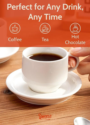 Sweese Porcelain Espresso Cups Set, 4 oz Stackable Cups with Saucers Metal Stand, Set of 4, White